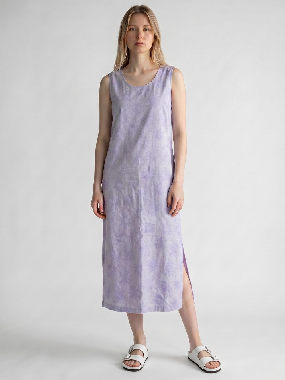 Vintage Norton McNaughton Linen Midi Dress Size L Lilac Floral Side Slit Casual